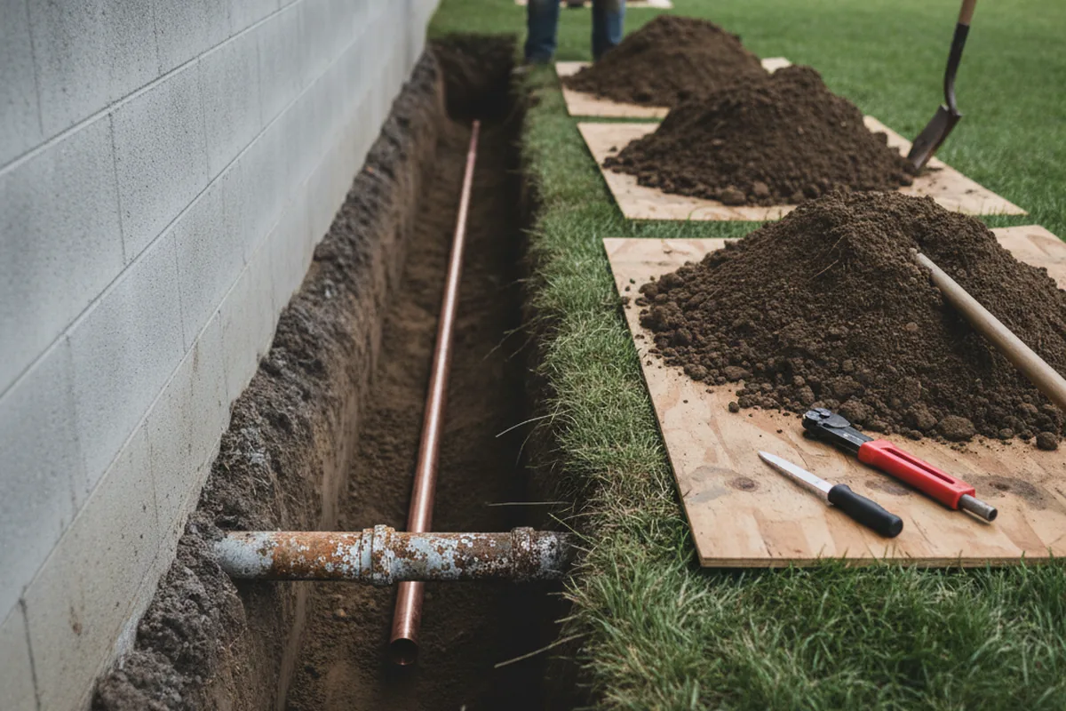 Excavated water line trench during Water Heater Repair in Hiawatha